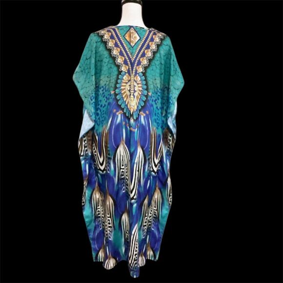Midnight Velvet Maxi Kaftan Dress in Falling Feathers Blue Multi One Size - Picture 3 of 10